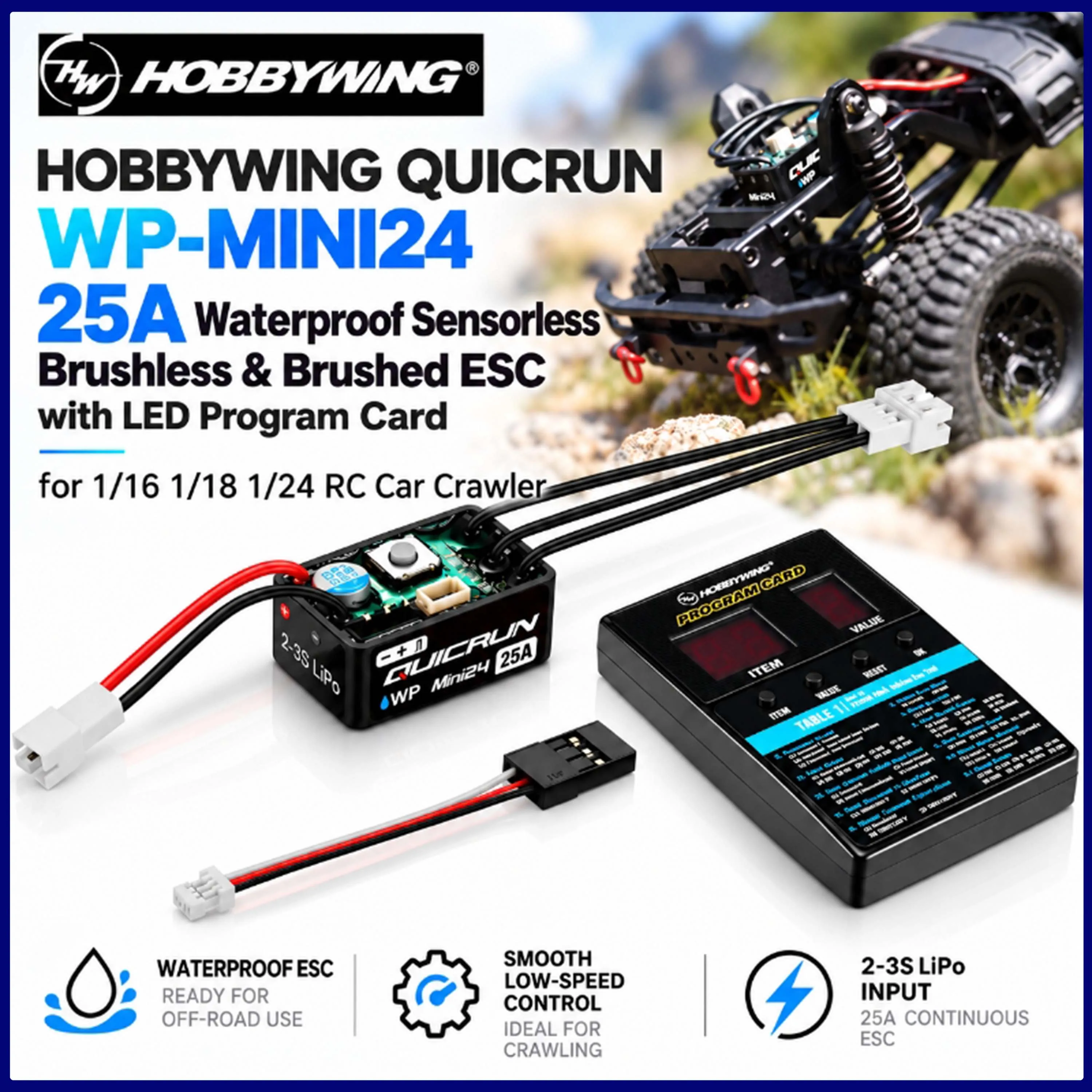 Hobbywing QUICRUN WP-MINI24 25A Brushless Brushed ESC Waterproof Sensorless 3 LED Program Card for 1/16 1/18 1/24 RC Crawler