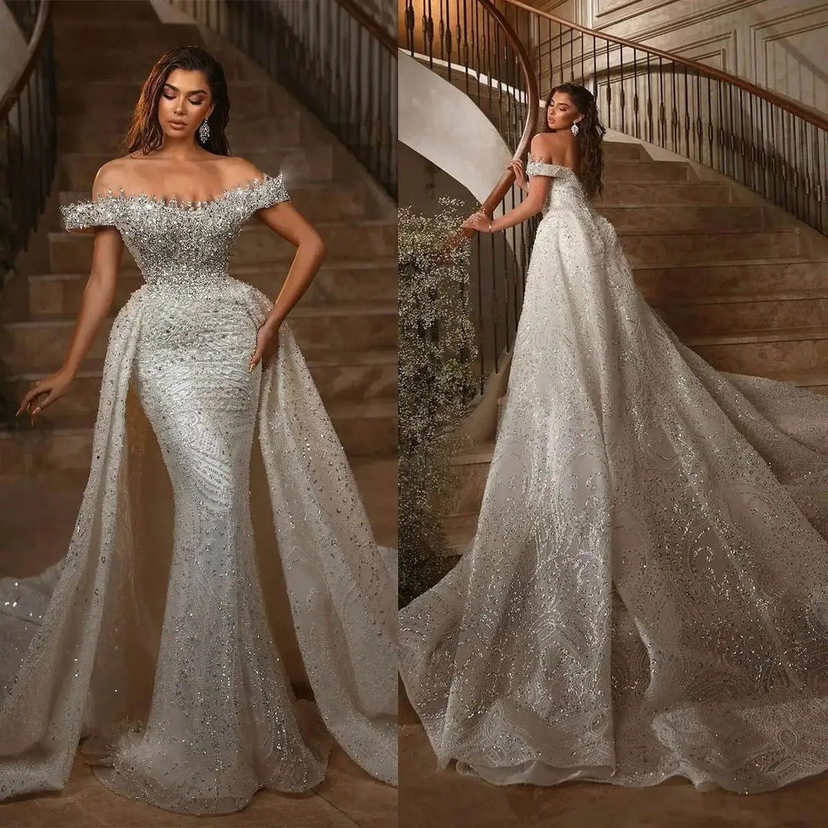 

Modest Mermaid Wedding Dresses For Women With Detachable Train Elegant Off The Shouder Bride Dresses Luxury Sequine Bridal Gown