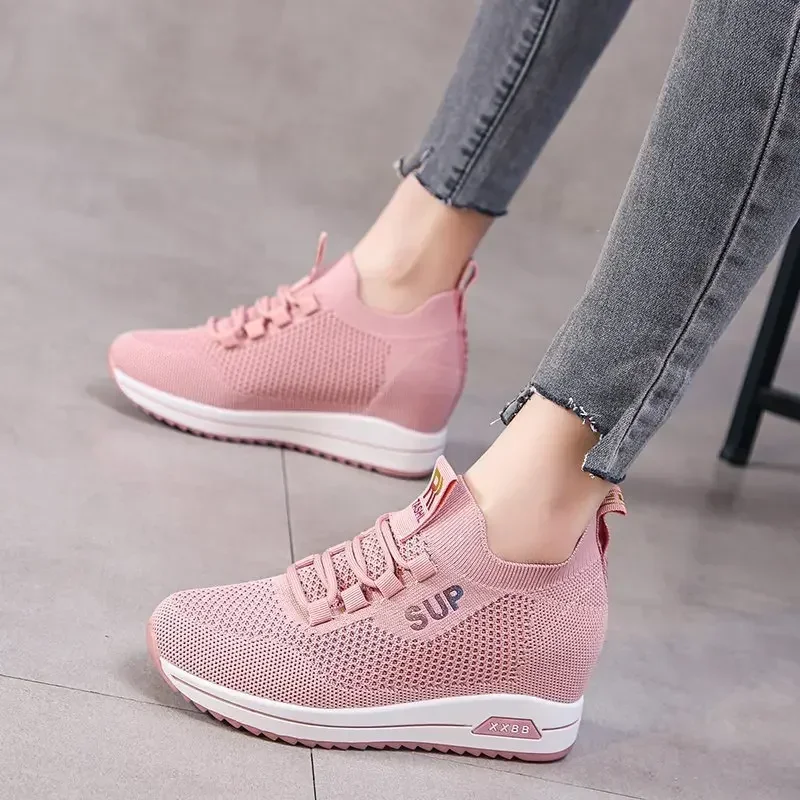 Hot Sale Women Shoes Summer Hidden Heel Wedges White Pink Sneakers Female Platform Breathable Mesh Black Heels Casual Shoe