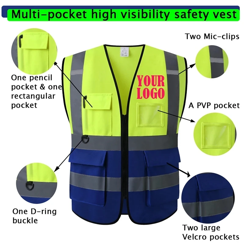 High Visibility Safety Reflective Vest Fabric Large Pocket Printable LOGO Construction Worker Work Clothes Night Cycling Clothes