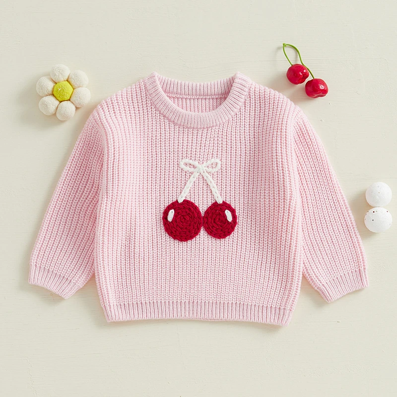 Baby Sweaters Spring Autumn Casual Long Sleeve Cherry Embroidery Knit Sweater Baby Toddler Girl Kids Pullover Sweaters Clothes