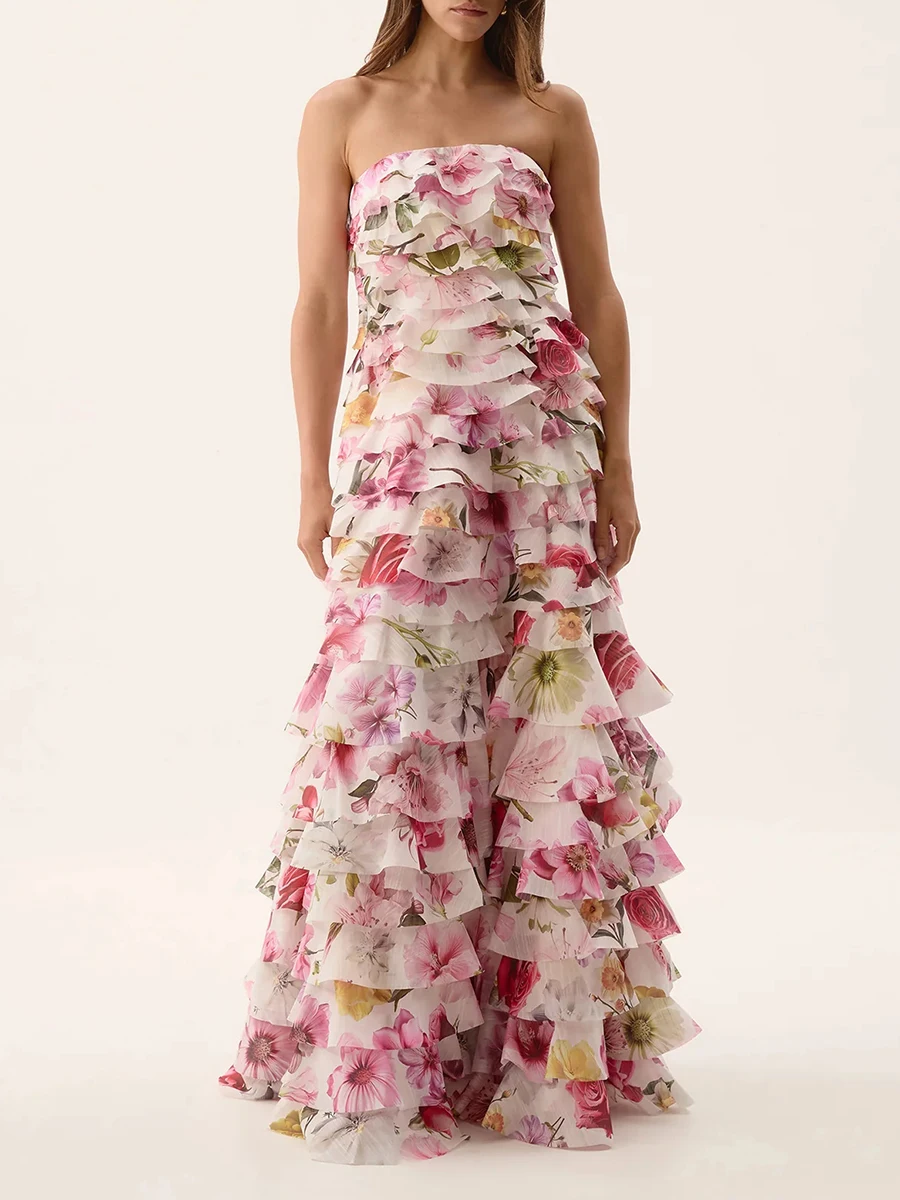 

Evening Party Backless Maxi Dress For Women Strapless Sleeveless High Waist Patchwork Tierred Designer Dresses Female Summer