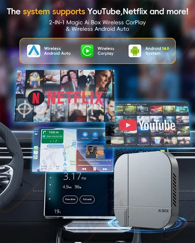Imagen 2 del producto 4 + 64G 2 + 16G CarPlay AI Box Android 14,0 inalámbrico CarPlay Android Auto adaptador WIFI Dual TV BOX para Youtube Netflix actualización FOTA
