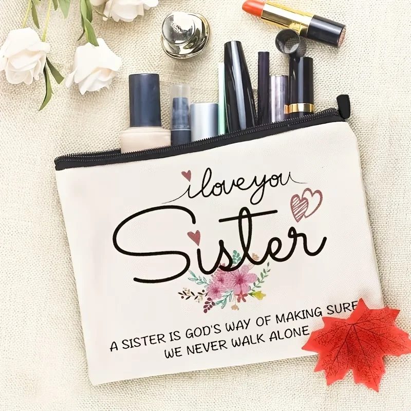 Love You Sister Canvas Bag Fade Resistant Zipper Portable Multifunctional Makeup Pouch Travel Snack Pen Bag Perfect Gift for Sis