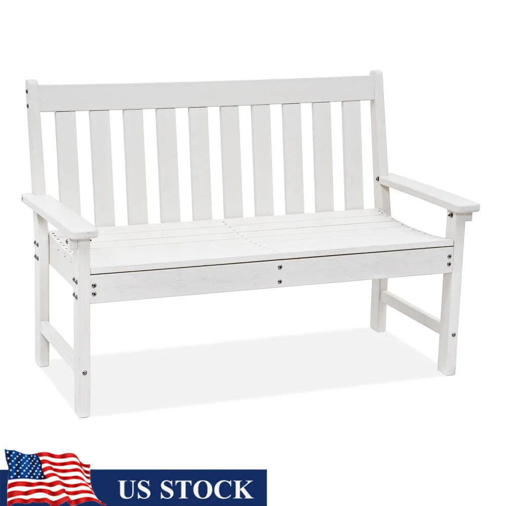 

All Weather HDPE Outdoor Garden Bench Faux Wood Grain Pattern 2-Person Seat Lawn Park Entryway UV Resistant Sturdy Construction