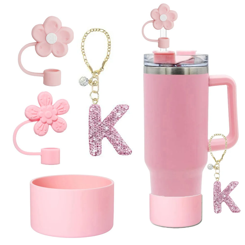 4pcs Cup Accessories Set for Stanley Cup 30oz 40oz Tumbler, Initials Glitter Bling Letter, Silicone Boot, 2 Flower Topper Cover