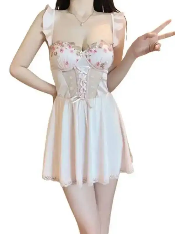 레이디 아이스 실크 드레스 딥 V 섹시 가슴 패드 포함 순수한 매력 레이스 트림 백리스 딥 V 슬리브리스 드레스 OGCW