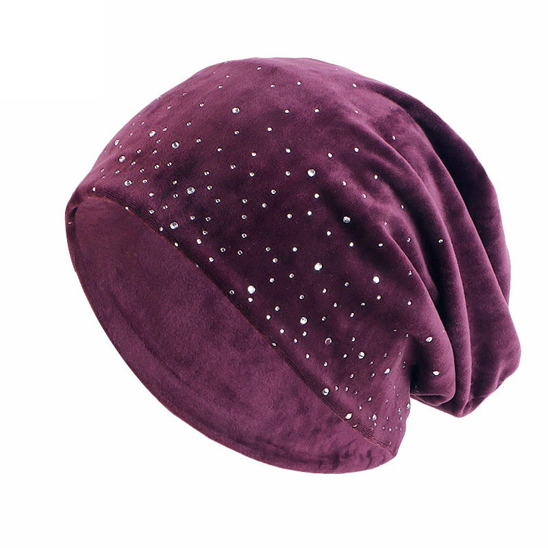 Autumn Winter Velvet Muslim Turban Beanie Hat For Women Female Diamond Skullies Beanies Soft Warm Headscarf Chemo Caps Headwrap