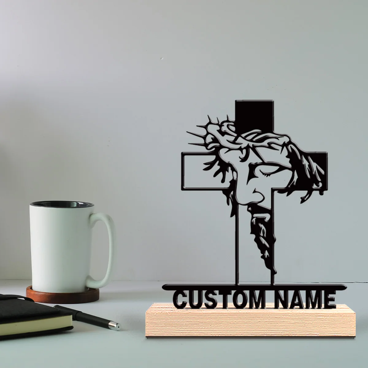 1pc Personalized Custom Jesus and the Cross Metal Statues With Wooden Base Tabletop Decoration Wooden Accent Wall Decor for Livi
