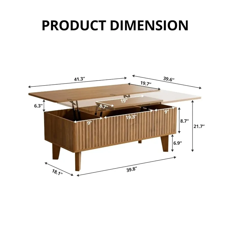 4 in 1 Lift Top Coffee Table with Storage, Mid Century Modern Living Room Center Table, Wood Fluted Multi-Function