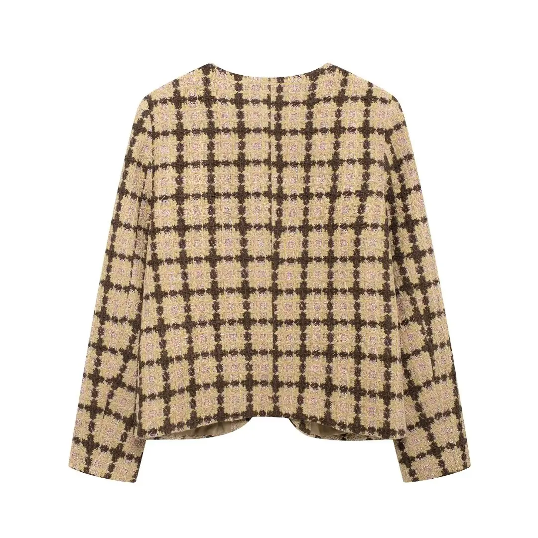 Tangada Women 2024 Plaid Gold Yarn Tweed Crop Blazer Coat Vintage Long Sleeve Female Outerwear BE0314