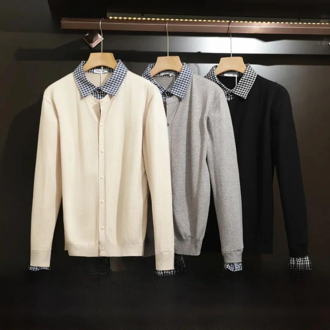 

Вязаный свитер, искусственный двухсекционный дизайн, повседневный воротник, теплый базовый слой, мужской осенне-зимний модный трикотаж