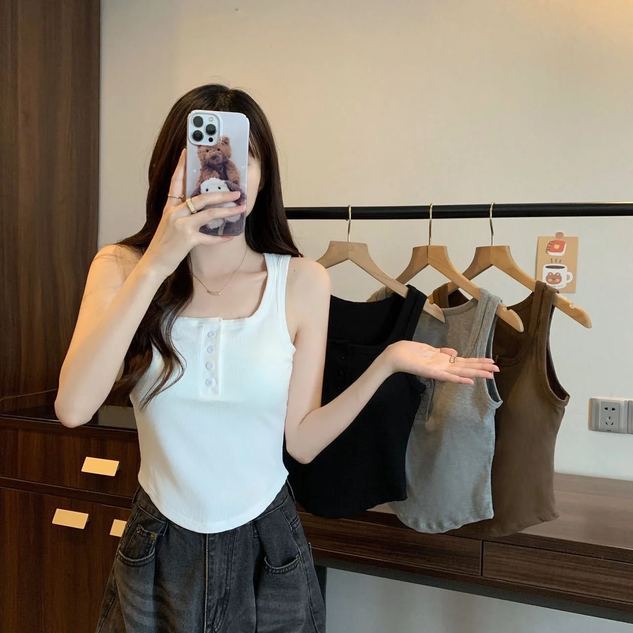 버튼업 고정컵 조끼 여성용 와이드 숄더 스트랩 스퀘어 칼라 슬리밍 베이스 레이어 여름 패션 폴리에스터 섬유