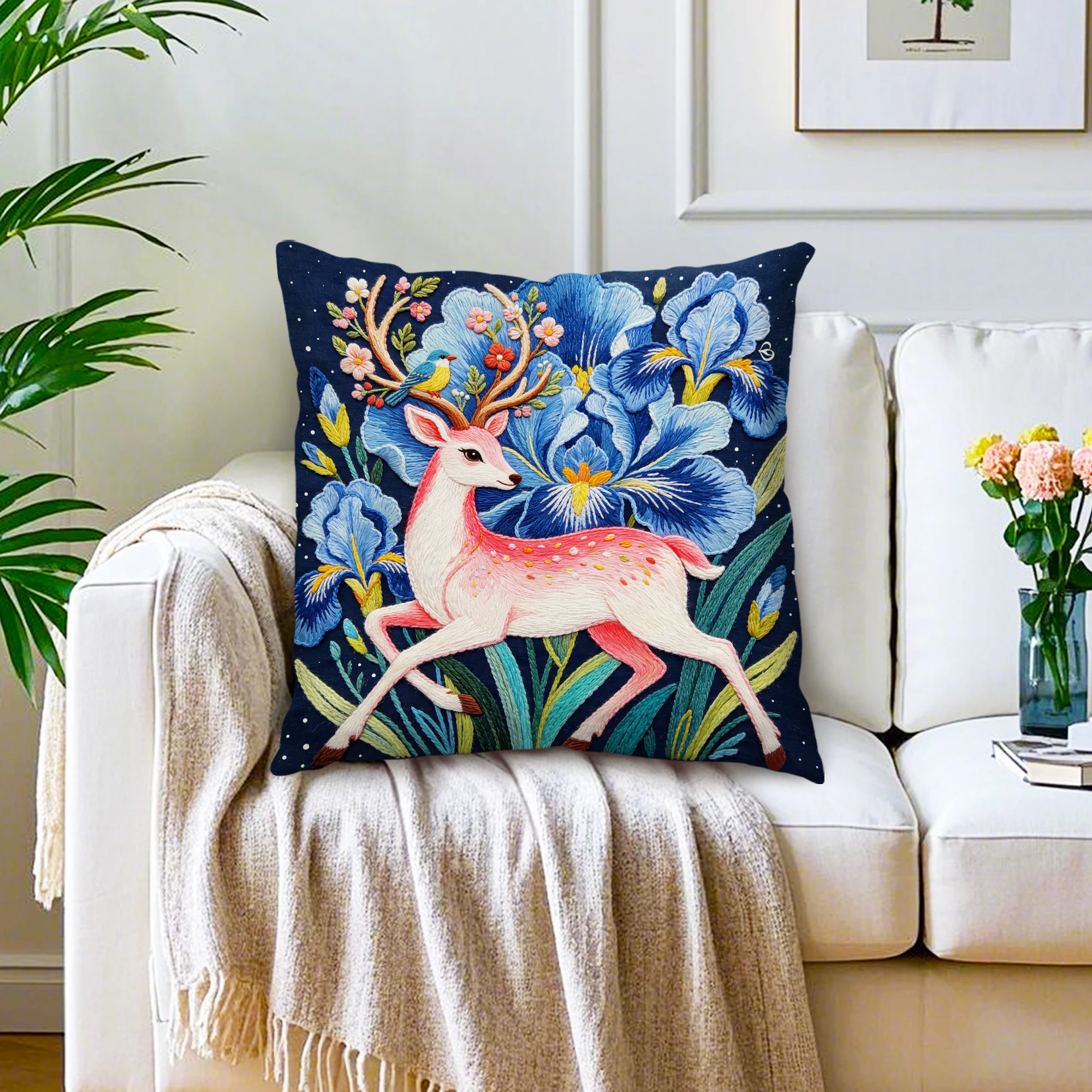 Faux Embroidered Deer Cushion Cover Woodland Animal Art Linen Pillowcase Iris Botanical Nature Home Decor Living Room Sofa Patio