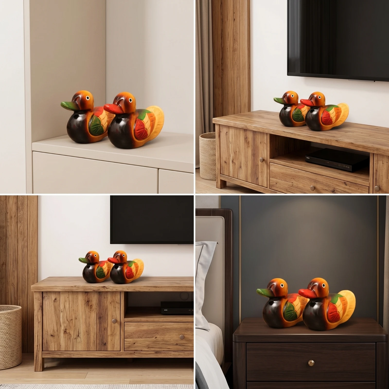 Carved Wooden Ducks Hand-Painted Wooden Duck Ornaments Statues Cute Decoration Glossy for Homeowners, Living Room, Tv Cabinet