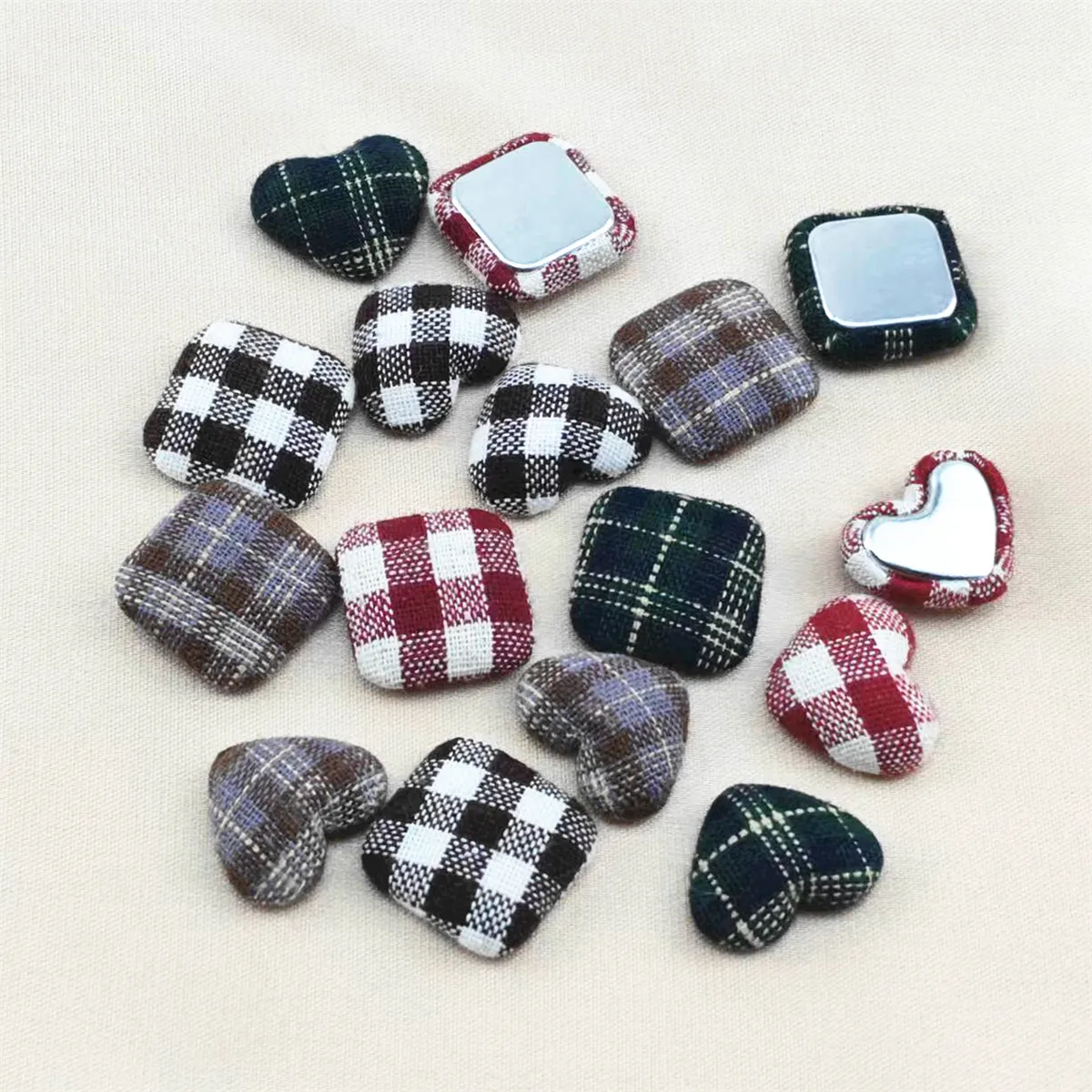 30pcs Plaid Fabric Covered Heart/Square Flat back Button DIY Home Garden Crafts Cabochon garment accessories