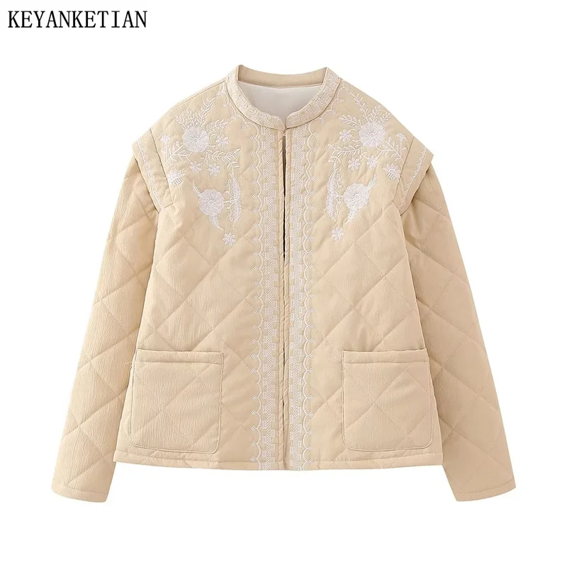 

KEYANKETIAN Autumn/Winter New Women's National Embroidery Epaulette Short Cotton-Padded Jacket Single Breasted Loose Outerwear