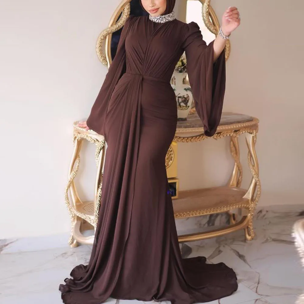 Customized Crystal Neck Muslim Evening Dresses Draped Flare Sleeve Mermaid Formal Vestidos De Novia Plus Size Long Maxi Outfits