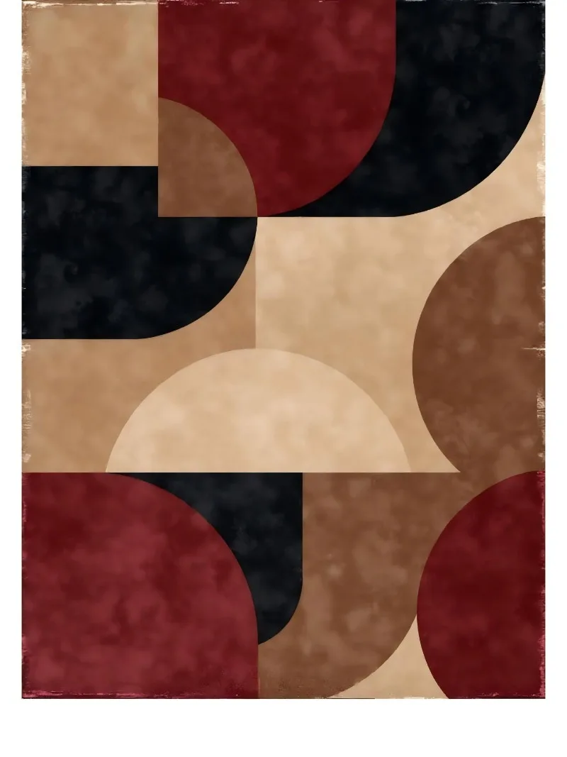 Rectangular Carpet Mid Century Geometric Curves Block Anti Slip Washable Ground Blanket for Art Studio Bedroom Bedside
