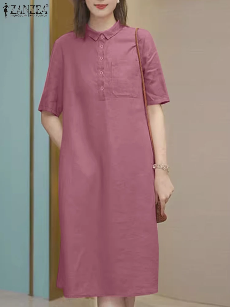 

ZANZEA Women Lapel Neck Short Sleeve Midi Sundress 2025 Summer Dress Elegant Solid Work Dresses Casual Buttons Holiday Vestidos