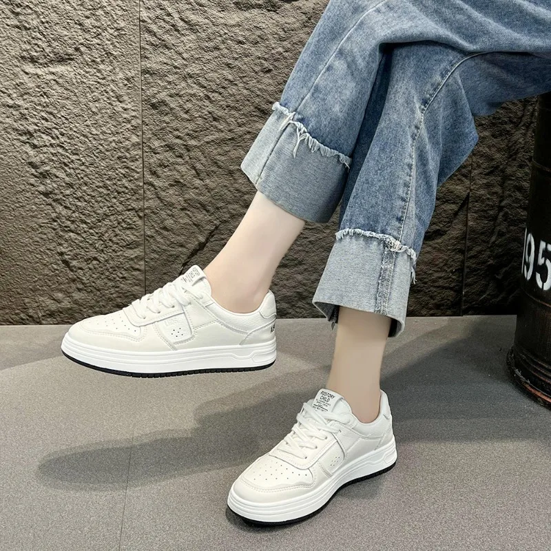 Women's Single Shoes Summer New Flat Round Head Shallow Lace-up Sports Shoes Casual Comfort Increase Non-slip Small White Shoes