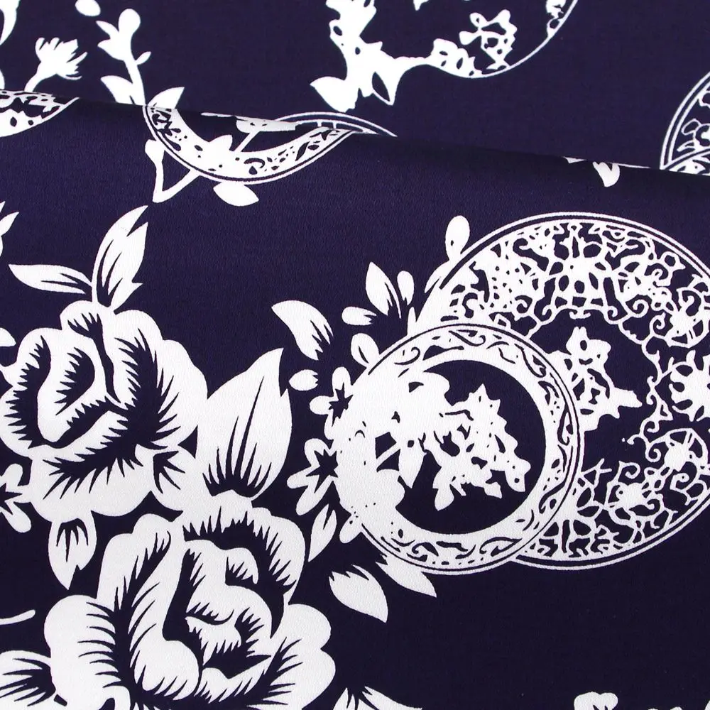 1 Yard Streched Cotton Sateen Fabric For Cloth, Bag, Bedding, White flowers on deep blue, Width=140cm