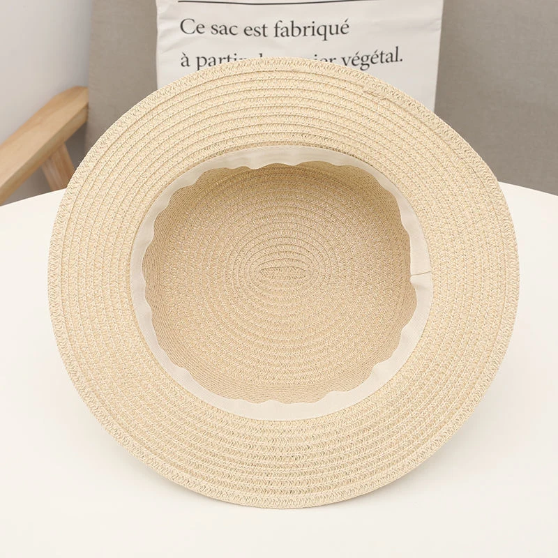 COKPanama Simple Summer Beach Sun Protection Bowknot French-style Small Hat Women's Casual Flat-Brimmed Straw Hat with Bow