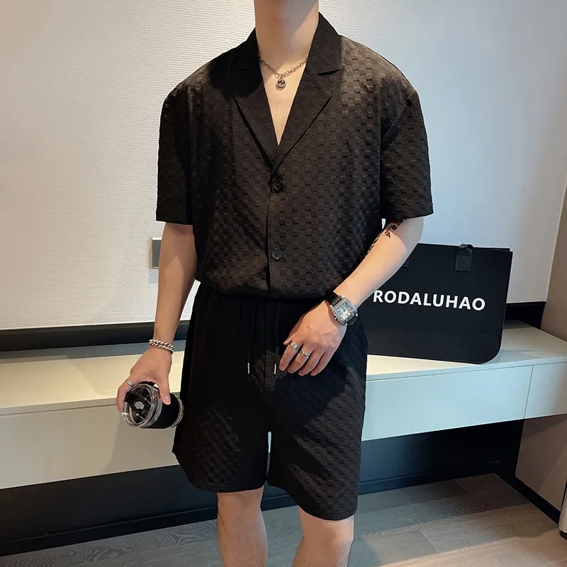 

Summer Men's Short Sleeved Shirt Shorts Loose Thin Breathable Two-piece Set Oversized Street Wear Lapel Casul Shirt Shorts 2023