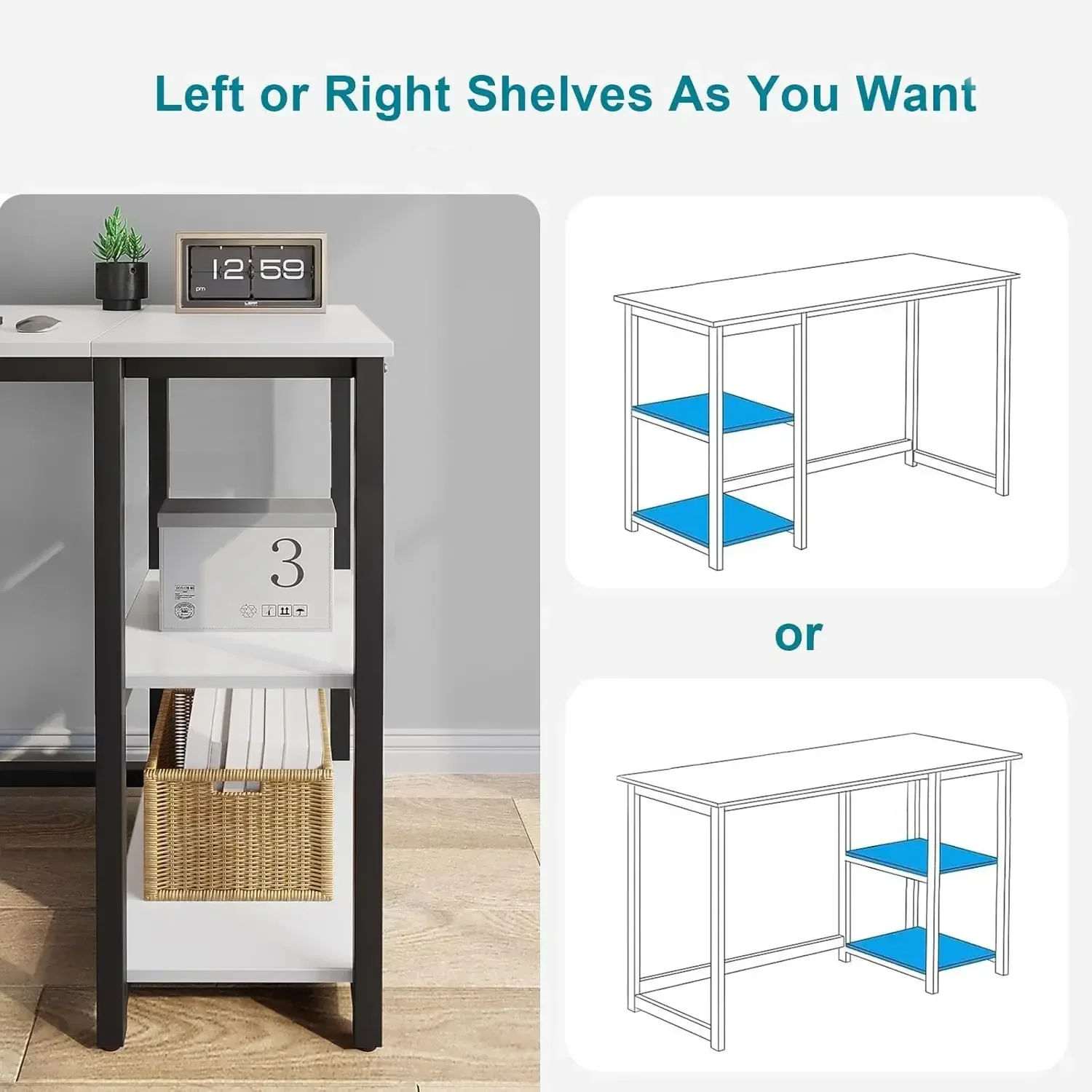 مكتب كمبيوتر 40 بوصة مع أرفف من طبقتين، مكتب مكتب منزلي قوي مع مساحة تخزين كبيرة، مكتب ألعاب حديث، كتابة الدراسة