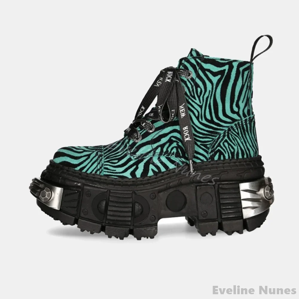 Retro Contrast Color Leopard Print Punk Boots Women Hotties Tank Thick Sole Cross Strap Fashion Boot New Heavy Metal Ankle Boots