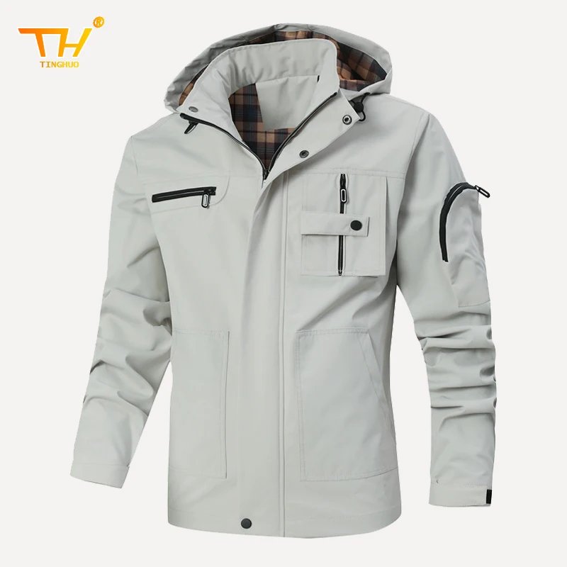 

TINGHUO Jacket Men's spring and autumn cargo multi-pocket plaid men's jacket breathable windproof zipper long sleeve Coats