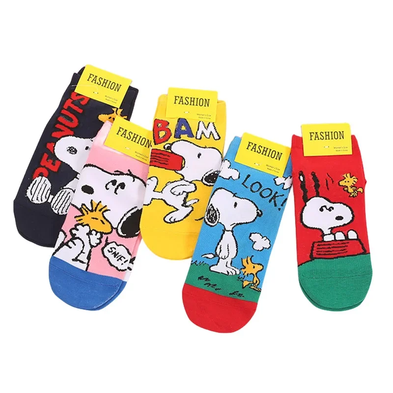 5 Pairs Snoopy Socks Sets Women Retro Polyester Cotton Low Tube Women Socks Breathable Japanese Style Casual Cotton Short Sock