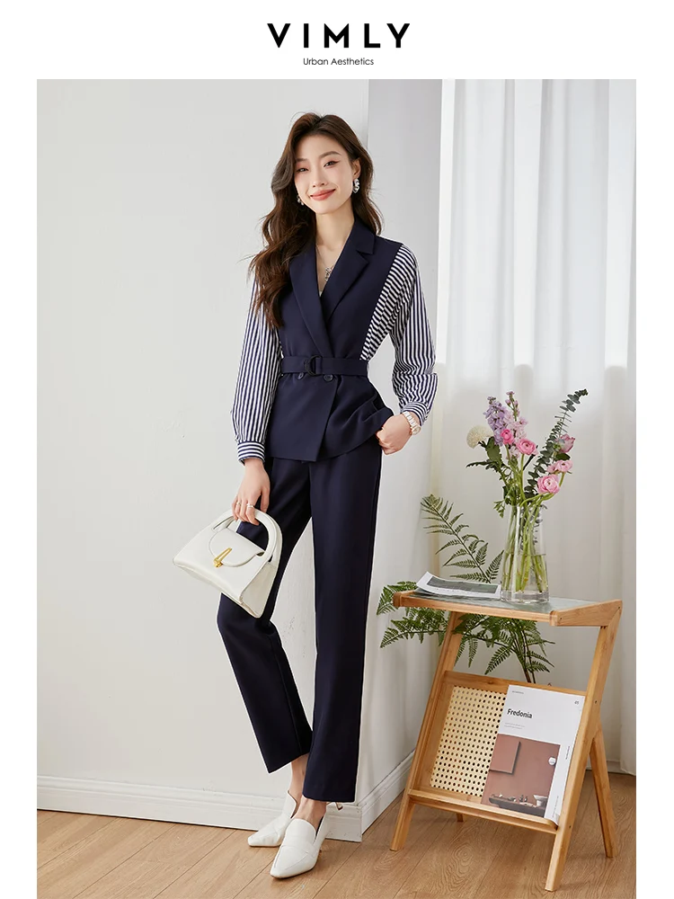 Vimly Spring Women\'s Suit Pant Sets 2023 Elegant Fashion Fake Two Piece Striped Shirt Slim Belted Blazers jacket Outfits V8059