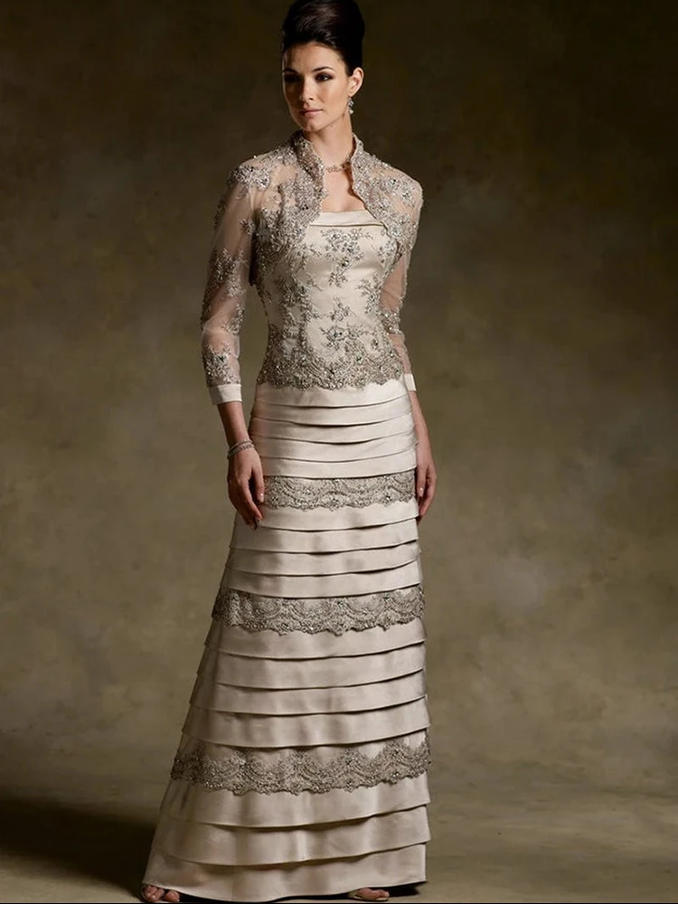 Vestido Vintage de sirena/trompeta para madre de la novia, traje de novio, invitados de boda, graduación de noche, satén y capa de encaje