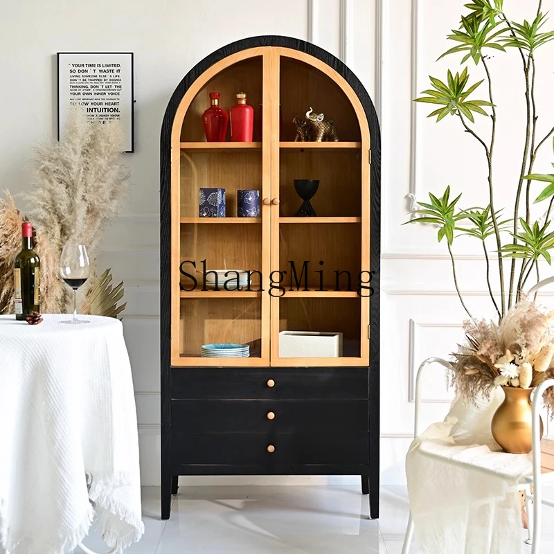 

FG solid wood bookcase retro with glass door black arched home decoration wine cabinet living room wall display cabinet