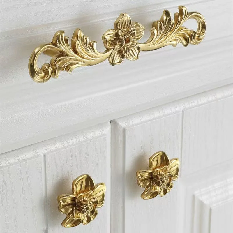 Gold Furnitue Handle And Knob Full Brass Wardrobe Knobs Single Hole Flower Tree Drawer Cupboard Door Handles Pulls Diy