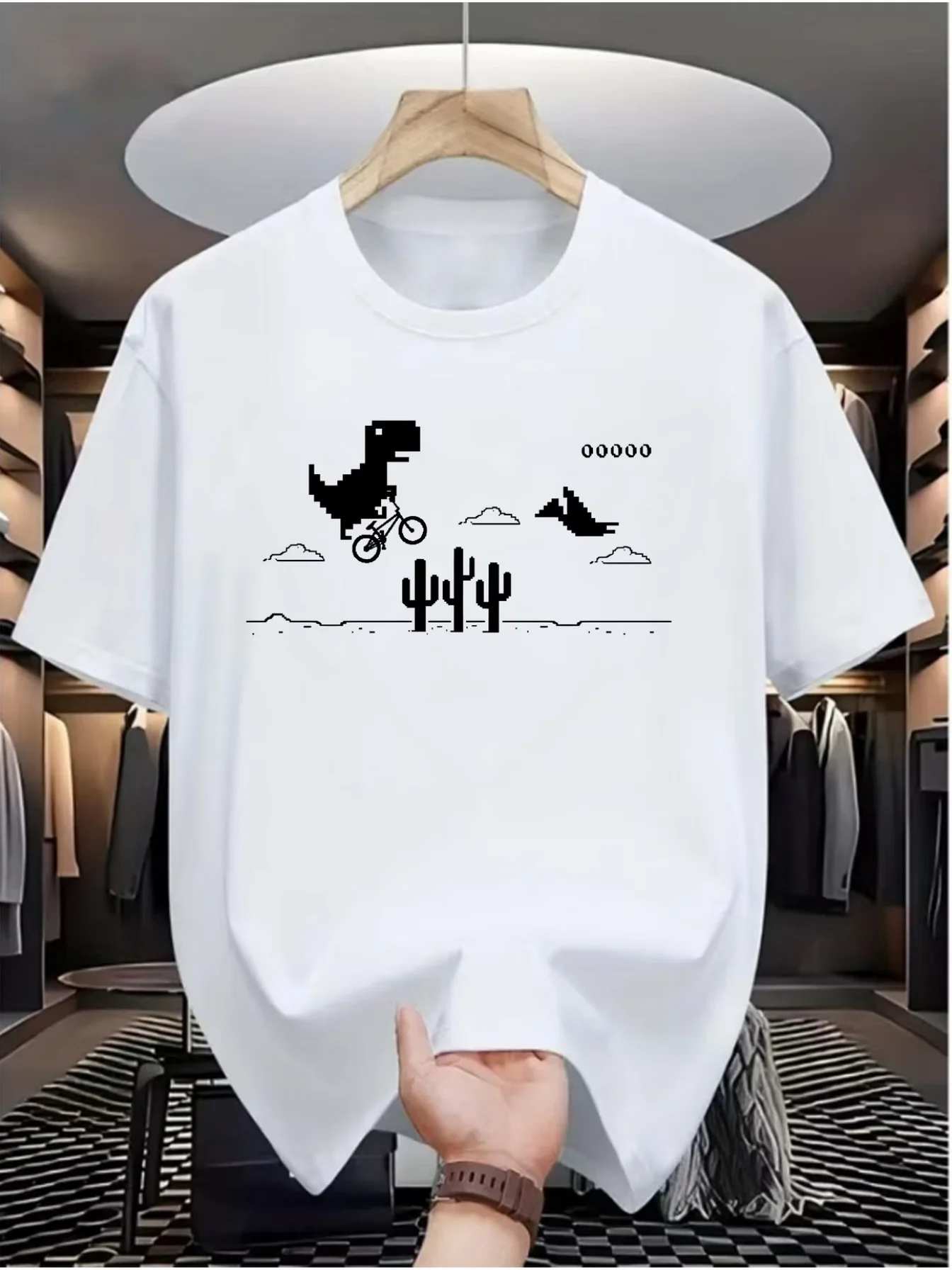 Dinosaur Cycling and Cactus Desert Night Design Printed Round Neck Short Sleeved Street Style Summer Casual Comfortable Top