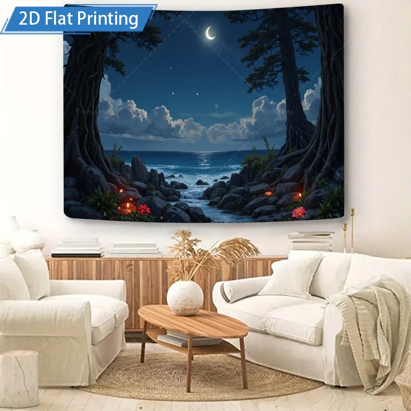 قطعة واحدة من نسيج الحائط "مشهد الشاطئ الليلي المسحور مع نسيج حائط على شكل هلال ونجوم"