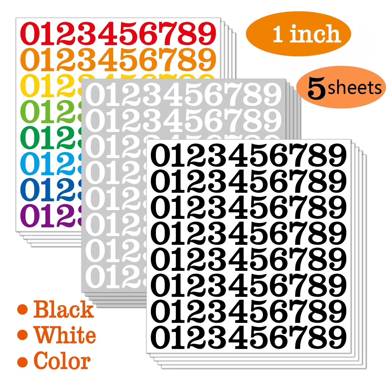 5 Sheets Arabic Number Stickers 1 Inch Number Stickers Waterproof Vinyl Self-adhesive Removable Office Home Cup Decoration Lable