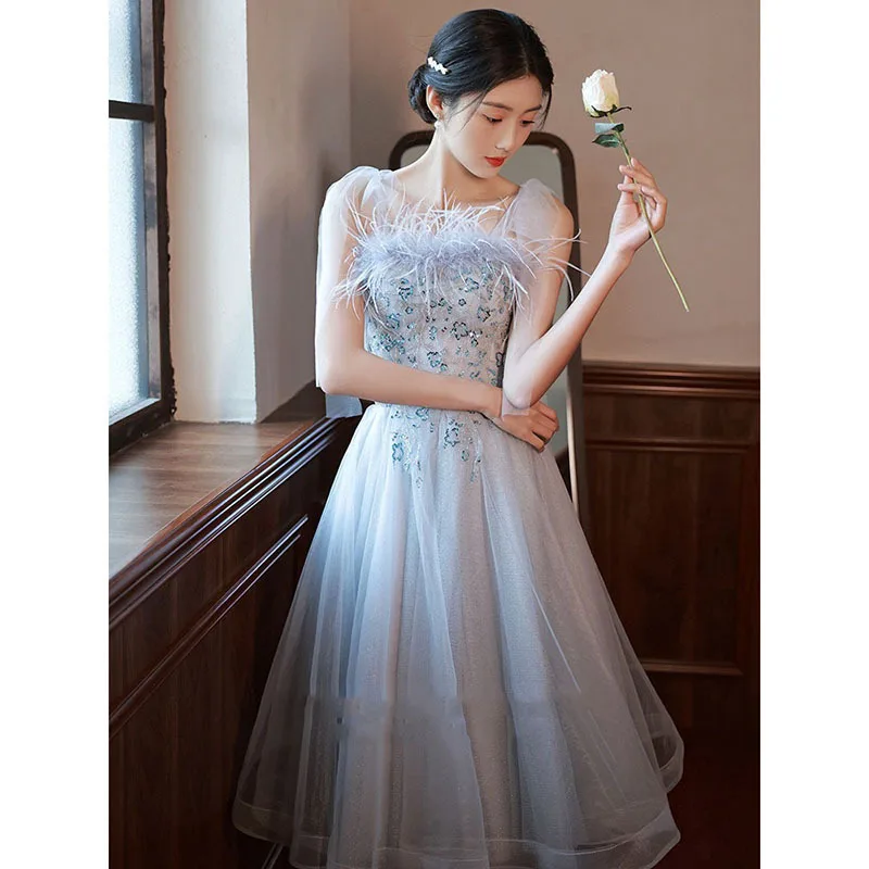 Blue Evening Dress Sequins Feathers Tull Straps Birthday Princess Dress 2024 High-end Elegant Temperament Birthday Dresses