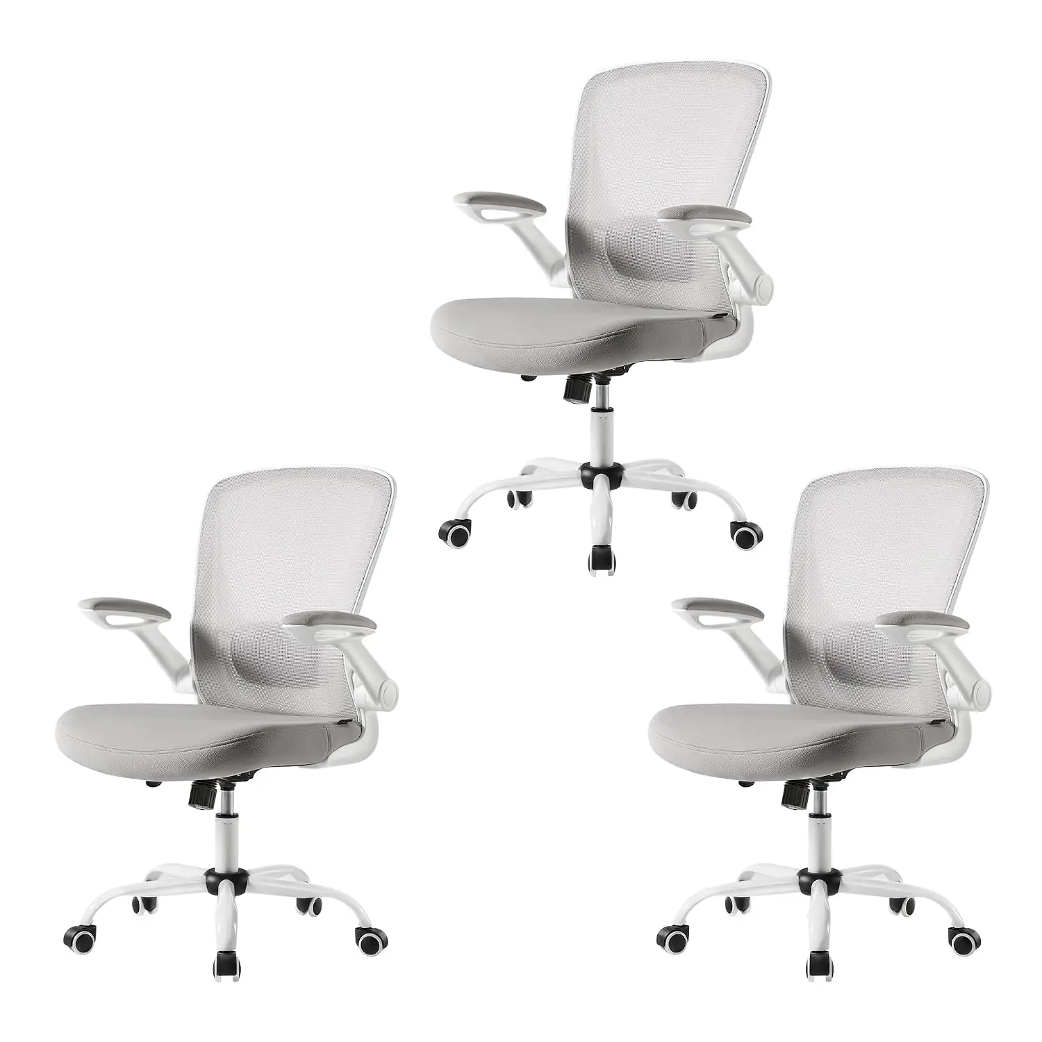 Mesh Office Chair Set of 3 with Wheels Adjustable Lumbar Support Flip-Up Arms Rolling Computer Desk Chair Gray