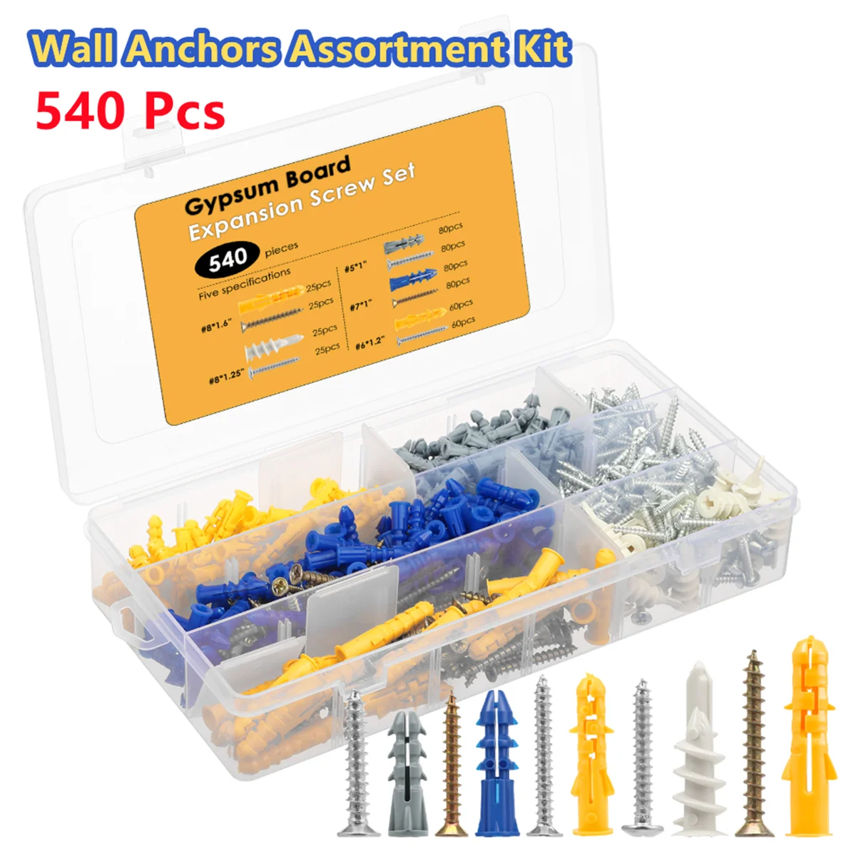 540Pcs Drywall Anchors and Screws Assortment Kit Plastic Wall Expansion Plugs Set with Self Drilling Anchors for Concrete Brick