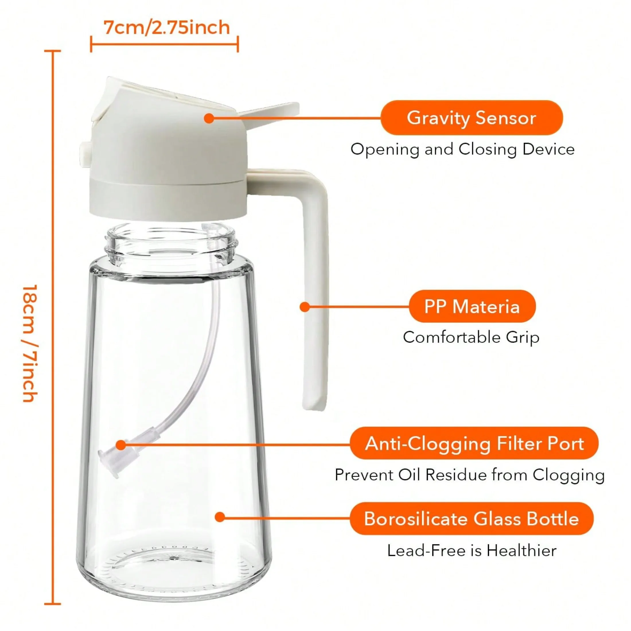 16oz/470ml Glass Olive Oil Sprayer for Cooking with Stickers, 2 in 1 Oil Dispenser for Kitchen Gadgets