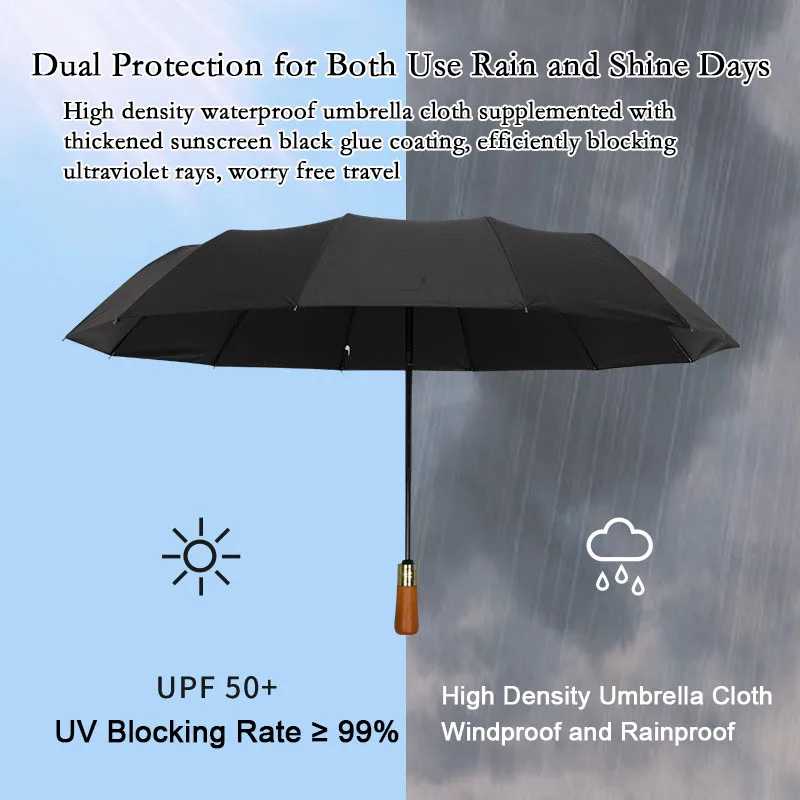 10 Bone Automatic Rain Umbrella Vintage Style Log Handle Umbrella UV Protection Sun Rain Umbrella