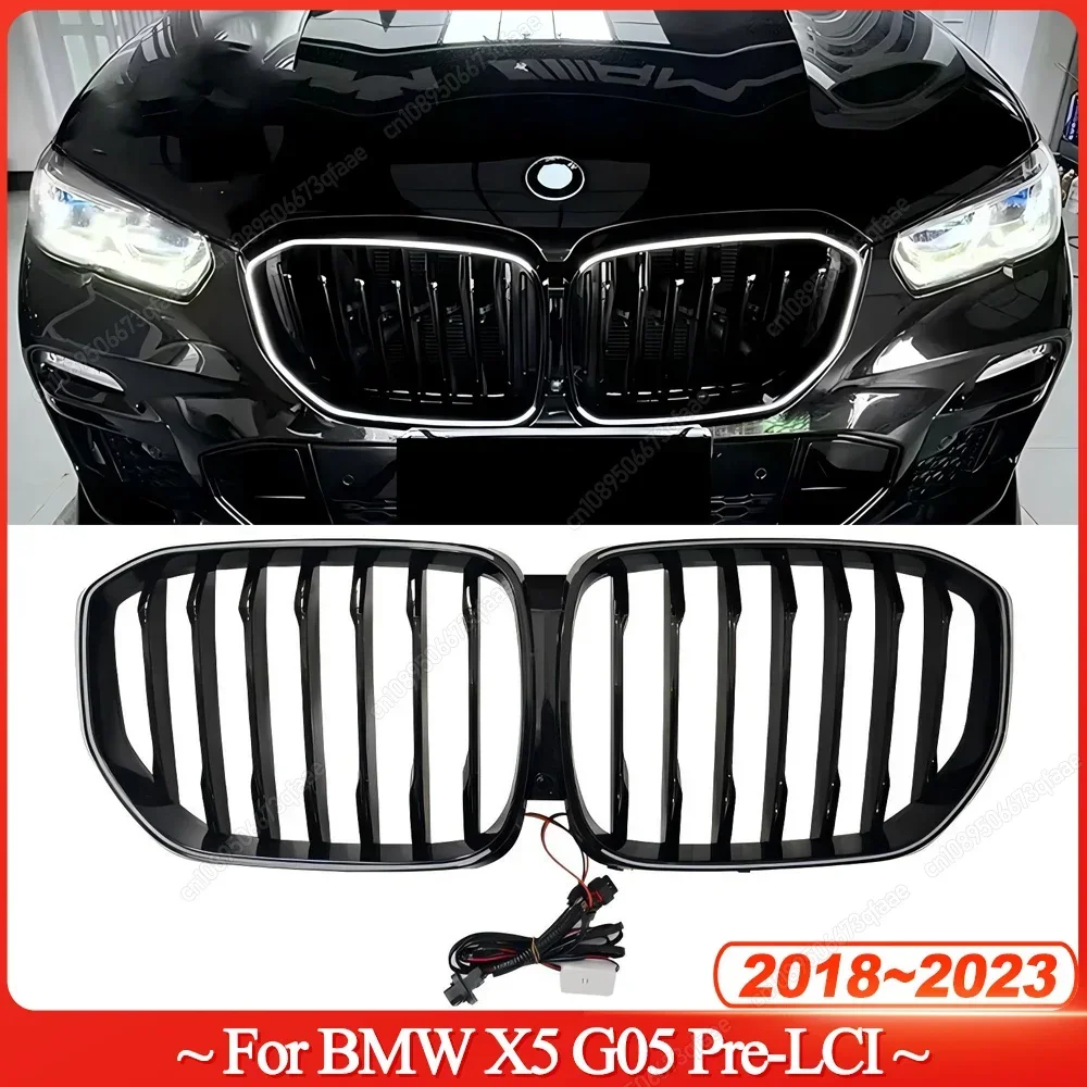 

For BMW X5 G05 M50i M50d xDrive30d 40i 40d 45e Pre-LCI Car Front Kidney Grill Grille With LED Lights Single Slat Black 2018-2023
