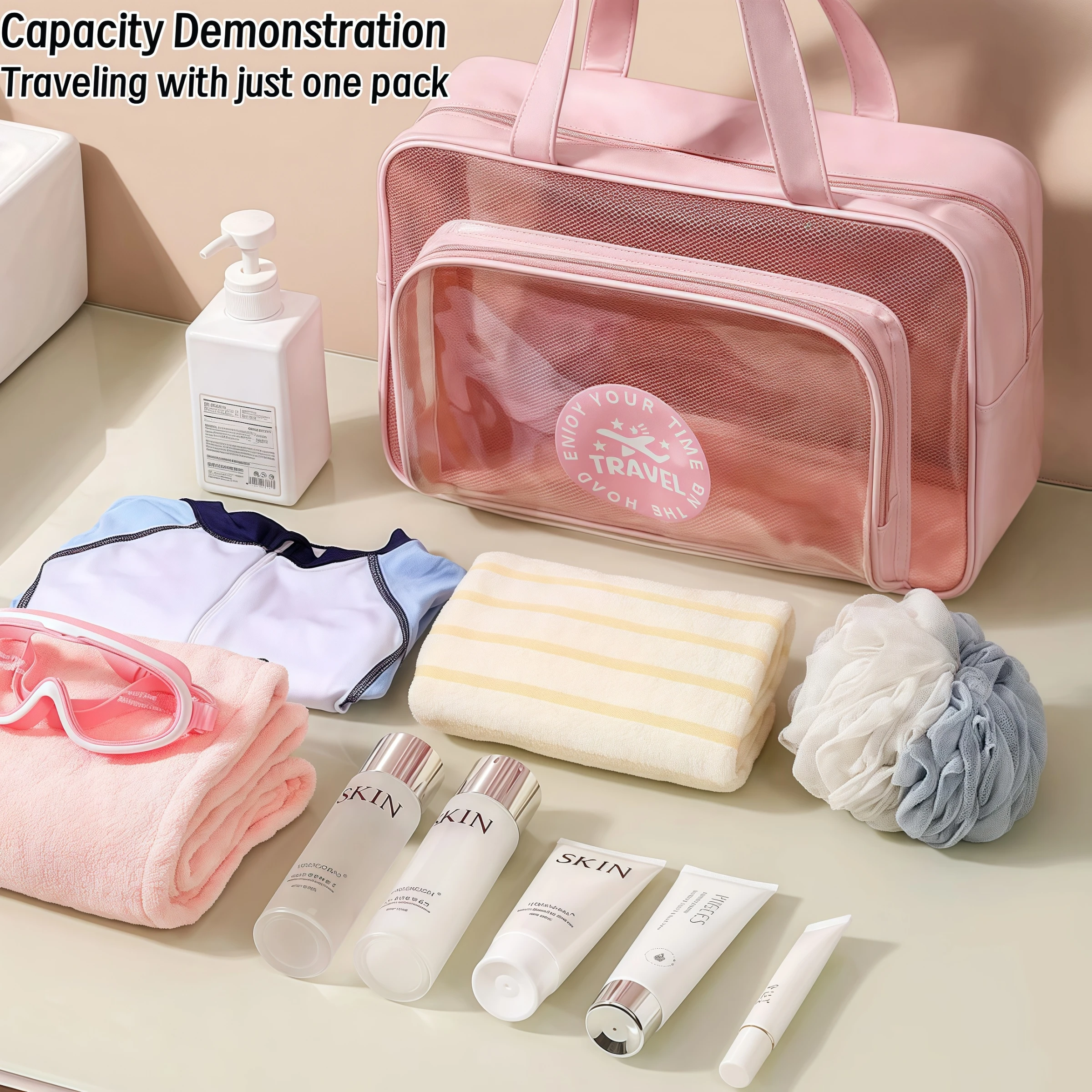 Waterproof Cosmetic Bag Portable Portable Cosmetic Storage Bag Large Capacity Pu Transparent Wash Bag Travel Storage Bag