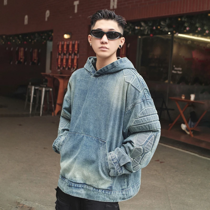 Men\'s pullover hoodie oversized hip hop denim jacket Y2K High Street washed loose top personalized fashion design 3D embroidery