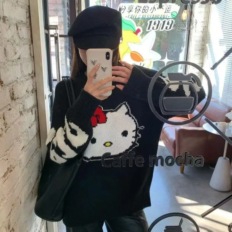 

Sanrioed аниме женский свитер Hello Kitty Kawaii осень ретро Kt свитер с воротником-поло элегантные студенческие топы для девочек свободные милые милые
