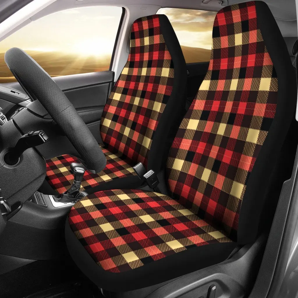 Scottish Tartan Red Yellow Plaid Seat Cover Car Seat Covers Set 2 Pc, Car Accessories Car Mats