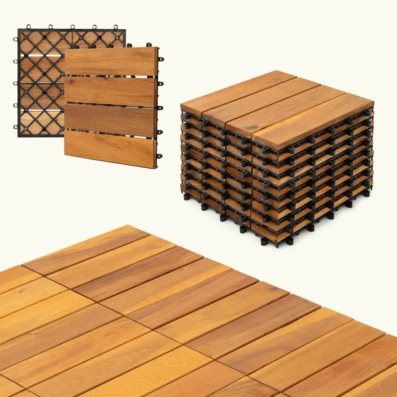 

10 Pcs Acacia Wood Interlocking Flooring Tiles, Waterproof Tiles for Outdoor & Indoor Use, Ideal for Patios, Balconies,
